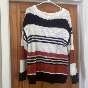 Designer Women’s Knit Cowl Neck Orange Black & White Striped Sweater Size Large